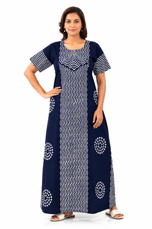 Navy Blue Waves Design Batik, Hand Dyed Batik, 100% Cotton Night Gown - NG191