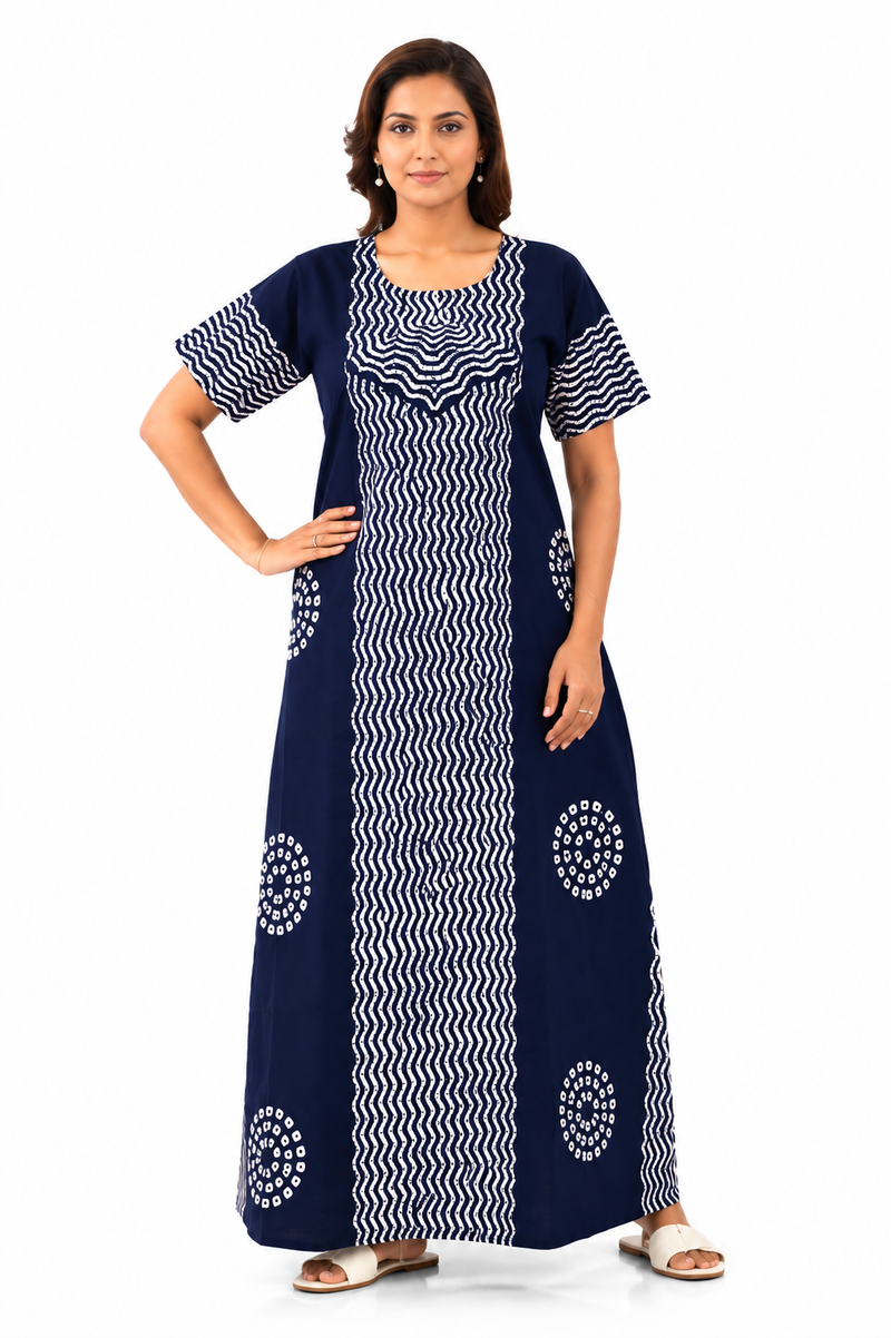 Navy Blue Waves Design Batik, Hand Dyed Batik, 100% Cotton Night Gown - NG191