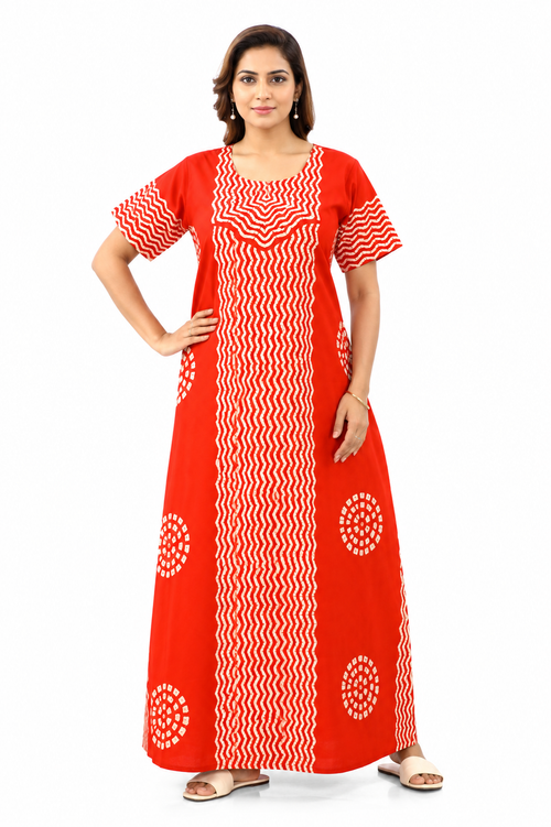 Orange Waves Design Batik, Hand Dyed Batik, 100% Cotton Night Gown - NG198