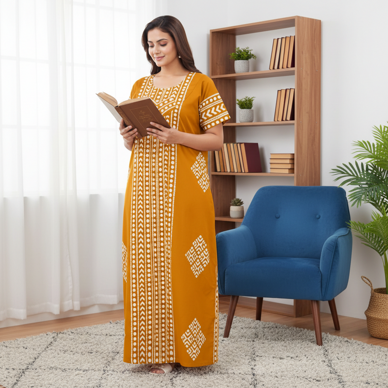 Yellow Diamond Arrow Batik, Hand Dyed Batik, 100% Cotton Night Gown - NG205