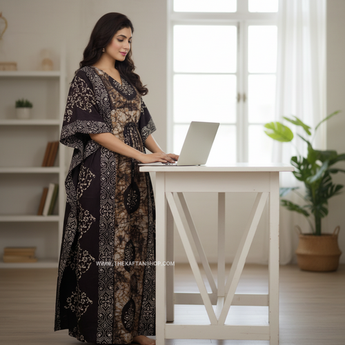 Brown Circles, Hand Dyed Batik, 100% Cotton Kaftan - K026