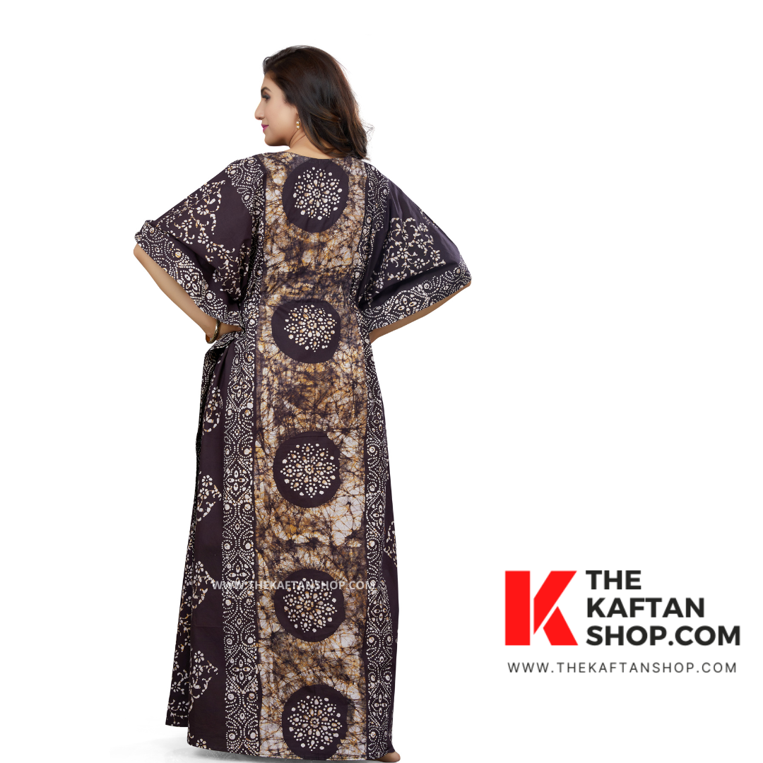 Hand-Dyed Batik Cotton Night Gown in Brown Circles - The Kaftan Shop