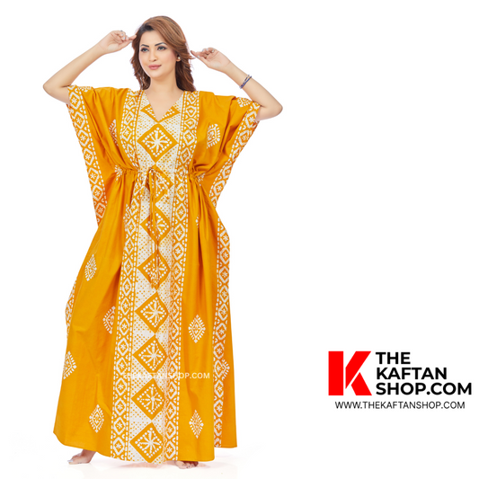 Yellow Diamond Design Hand Dyed Batik Cotton Kaftan - The Kaftan Shop