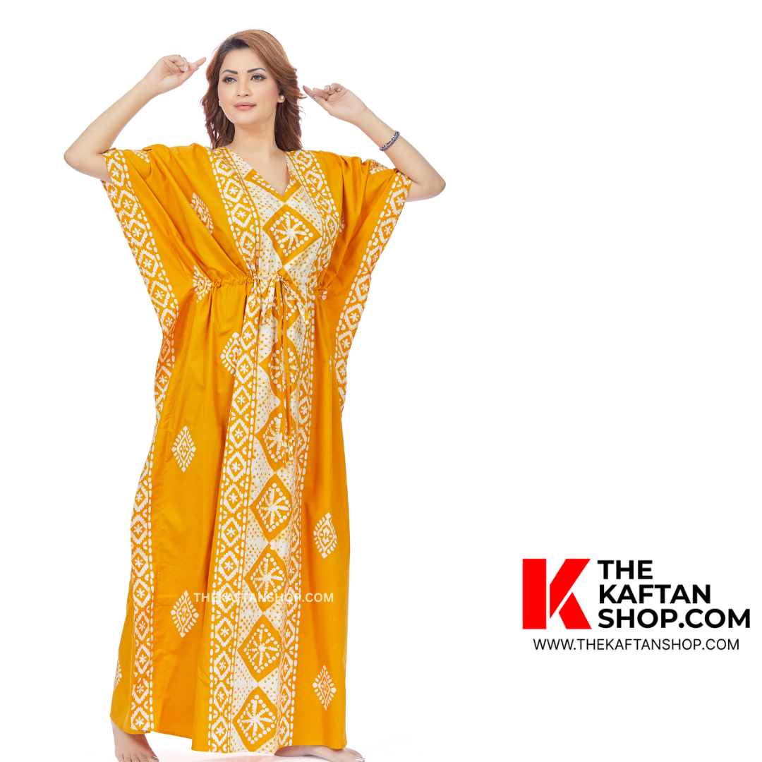 Yellow Diamond Design Hand Dyed Batik 100% Cotton Kaftan | The Kaftan Shop