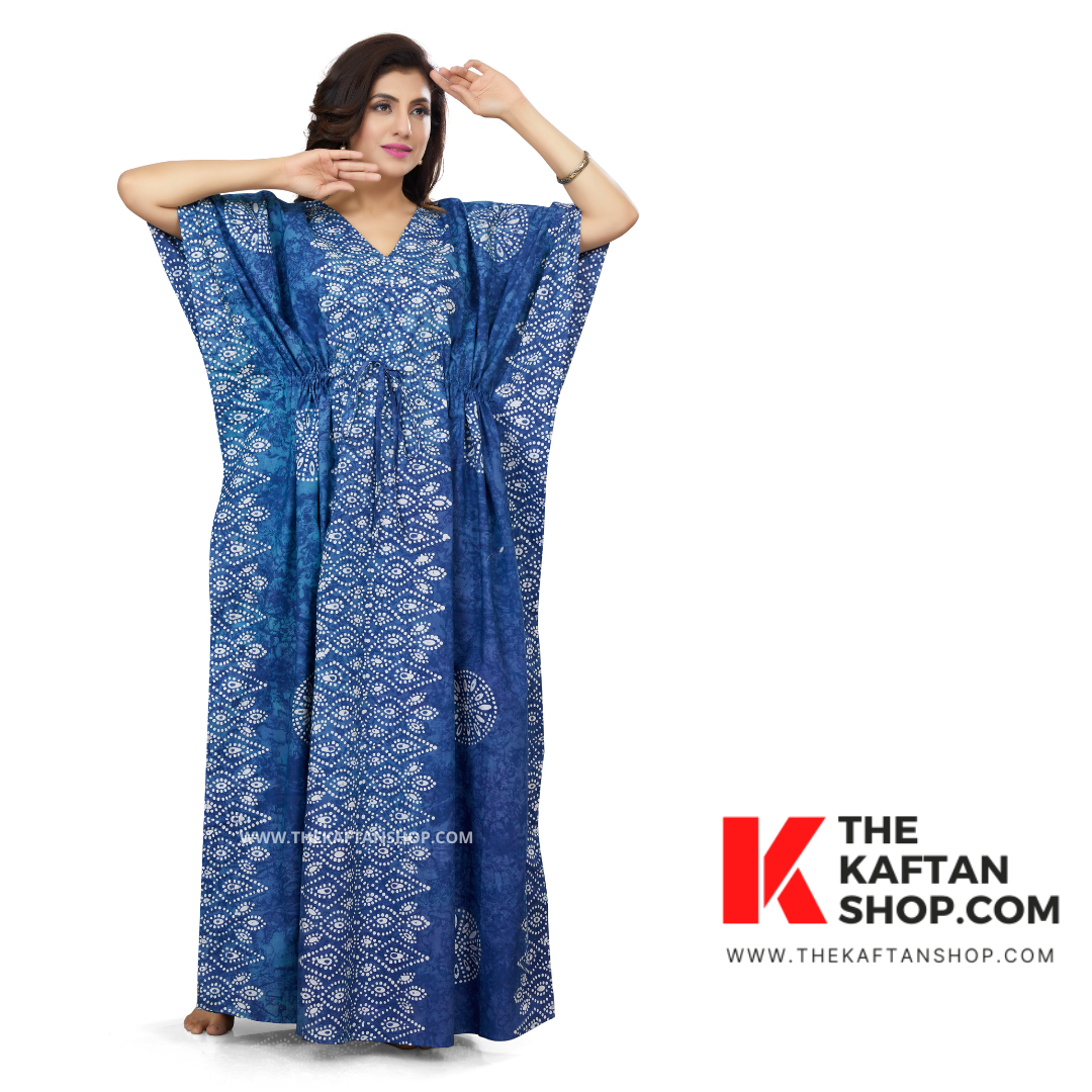 Blue Bandhani Hand Dyed Batik 100% Cotton Kaftan - The Kaftan Shop