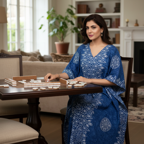 Blue Bandhani, Hand Dyed Batik, 100% Cotton Kaftan - K113