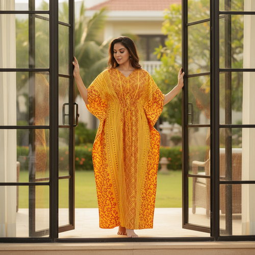 Yellow Zig Zag Batik, Hand Dyed Batik, 100% Cotton Kaftan - K162