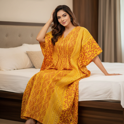 Yellow Zig Zag Batik, Hand Dyed Batik, 100% Cotton Kaftan - K162