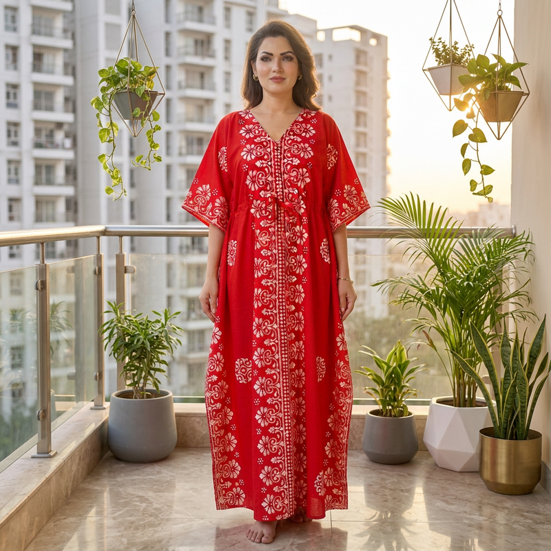 Red Motif Design Batik, Hand Dyed Batik, 100% Cotton Kaftan - K230