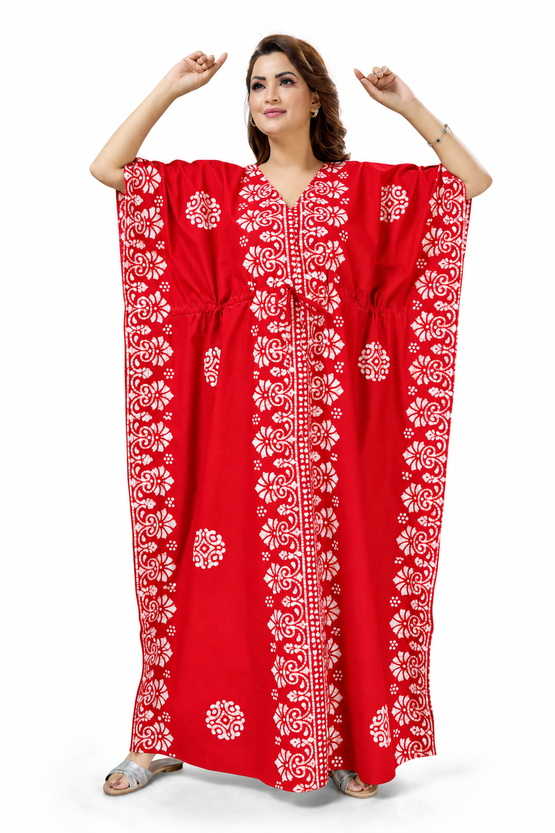 Red Paisley Design Batik, Hand Dyed Batik, 100% Cotton Kaftan - K210