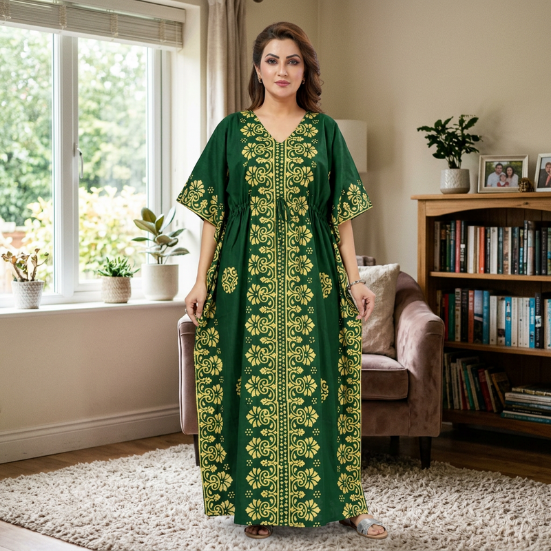 Green Motif Design Batik, Hand Dyed Batik, 100% Cotton Kaftan - K237