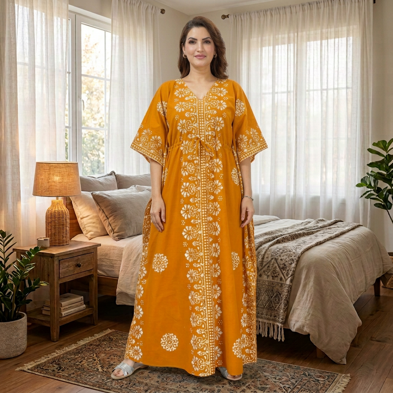 Yellow Motif Design Batik, Hand Dyed Batik, 100% Cotton Kaftan - K235