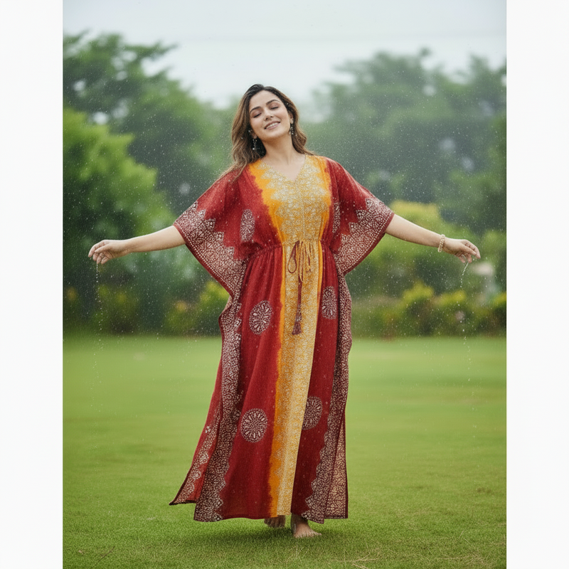 Red & Yellow Shaded, Hand Dyed Batik, 100% Cotton Kaftan - K046