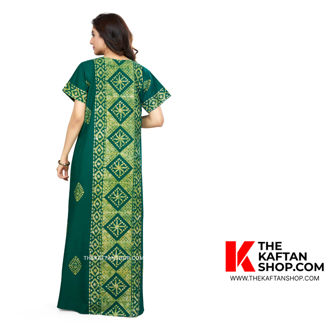 Green Diamond Design Hand Dyed Batik 100% Cotton Night Gown - TheKaftanShop.com