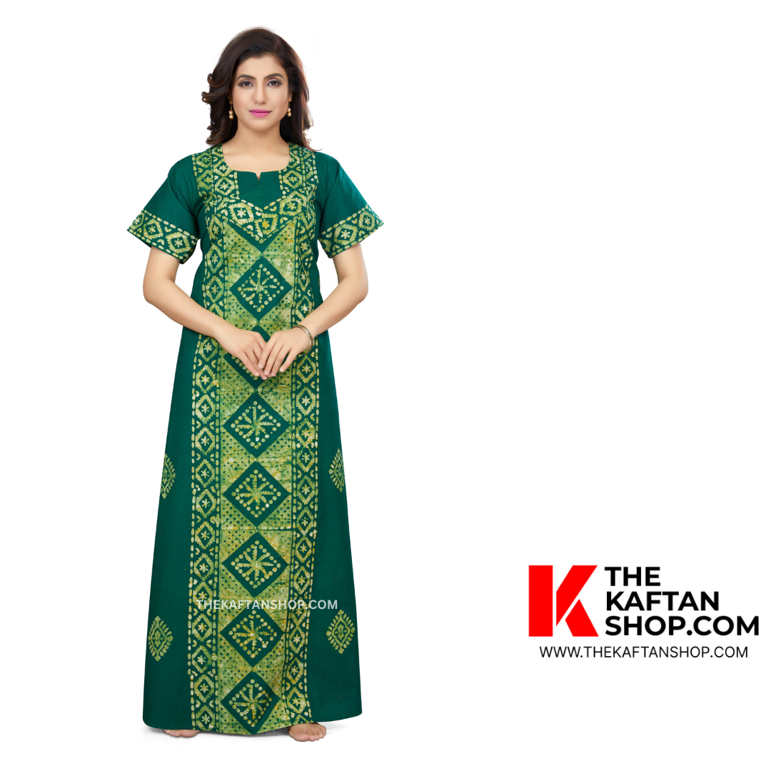 Green Diamond Design Hand Dyed Batik 100% Cotton Night Gown | The Kaftan Shop