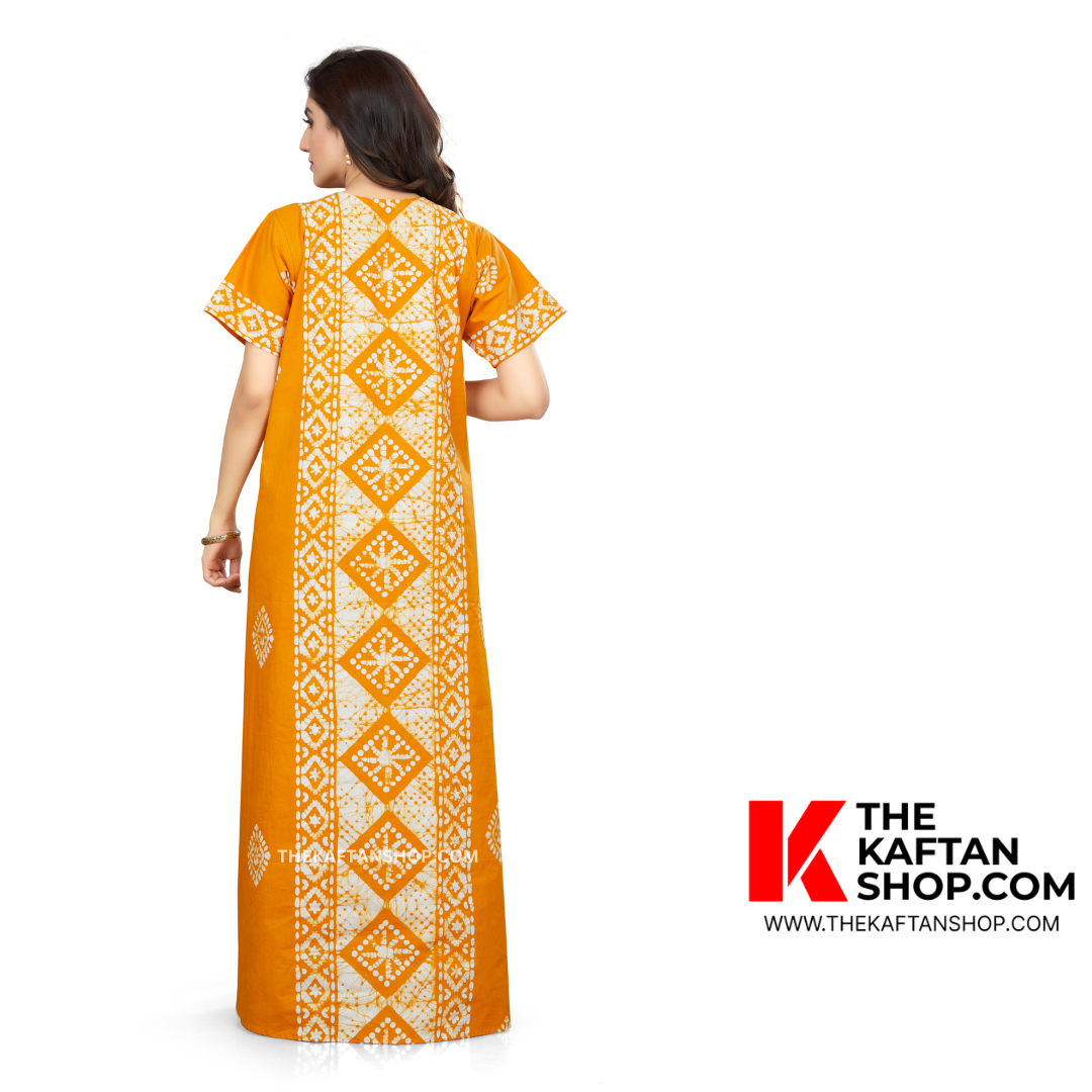 Hand-Dyed Yellow Diamond Batik Cotton Night Gown | The Kaftan Shop