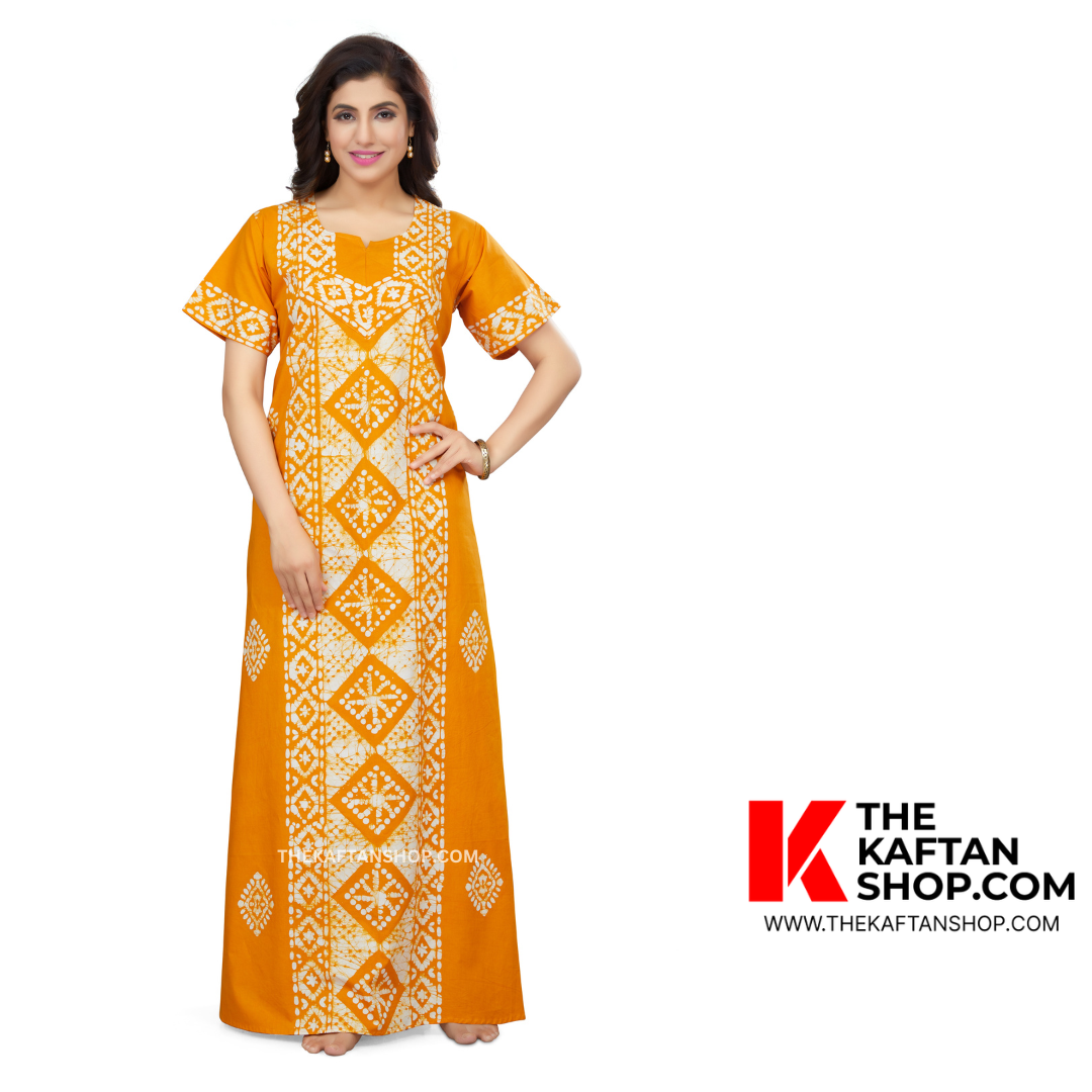 Hand Dyed Batik Night Gown in Yellow Diamond Design - TheKaftanShop