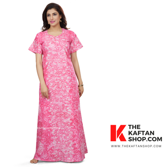 Premium Pink Bandhani Batik Hand-Dyed 100% Cotton Night Gown | The Kaftan Shop