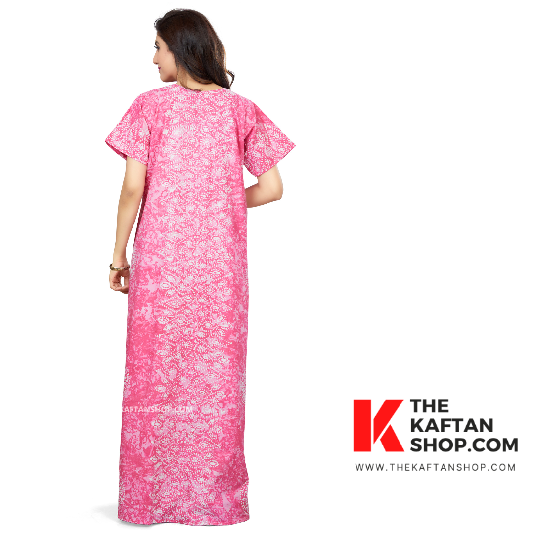 NG111 - Pink Bandhani Batik Night Gown Hand-Dyed in 100% Cotton | The Kaftan Shop