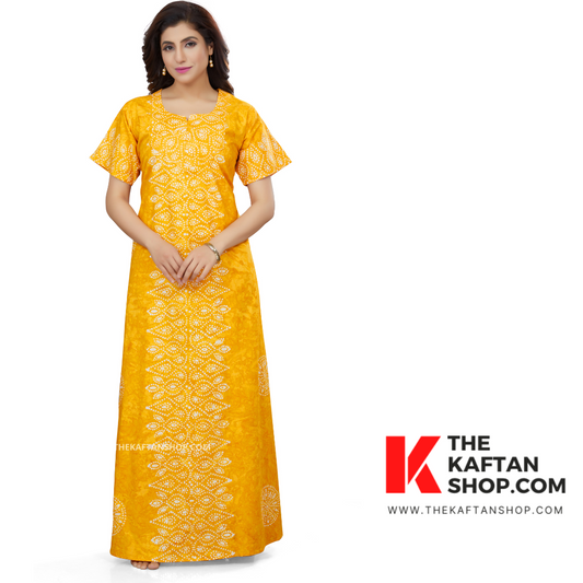 100% Cotton Yellow Batik Bandhani Night Gown - The Kaftan Shop