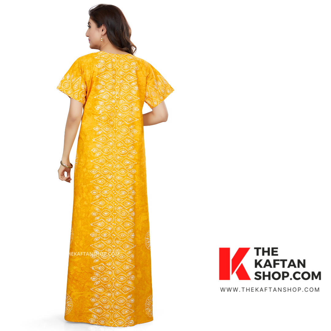 Pure cotton Yellow bandhani Print nighty for women