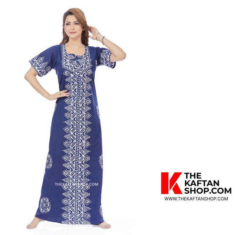 Blue Triangle Border Design, Hand Dyed Batik, 100% Cotton Night Gown - NG120