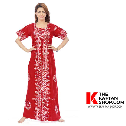 Hand Dyed Batik Red Triangle Border Design Cotton Kaftan - thekaftanshop.com