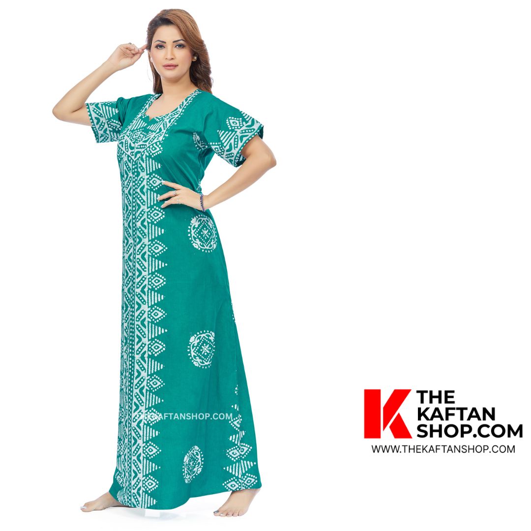 Hand Dyed Batik Green Triangle Border Kaftan - | 100% Cotton