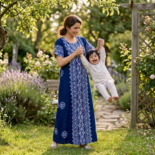 Navy Blue Paisley Design Batik, Hand Dyed Batik, 100% Cotton Night Gown - NG211