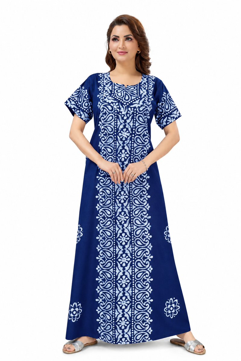 Navy Blue Paisley Design Batik, Hand Dyed Batik, 100% Cotton Night Gown - NG211