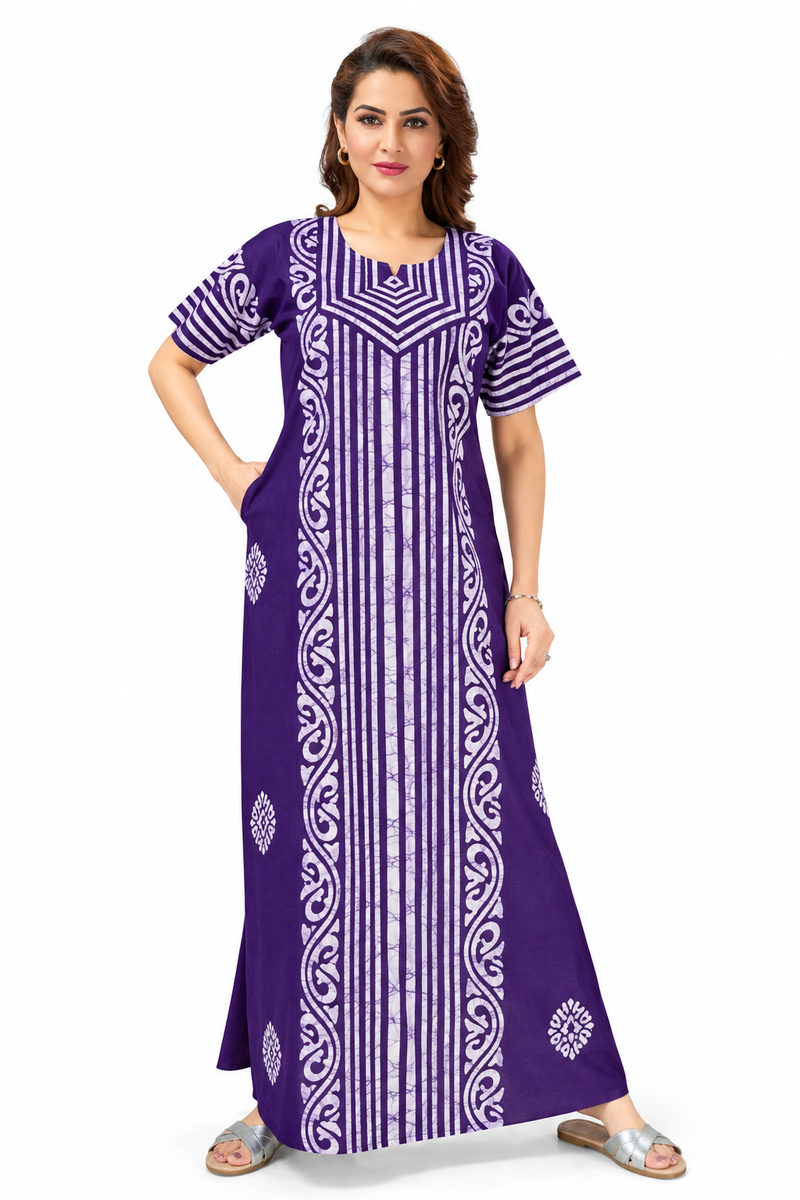 Purple Lines Design Batik, Hand Dyed Batik, 100% Cotton Night Gown - NG226