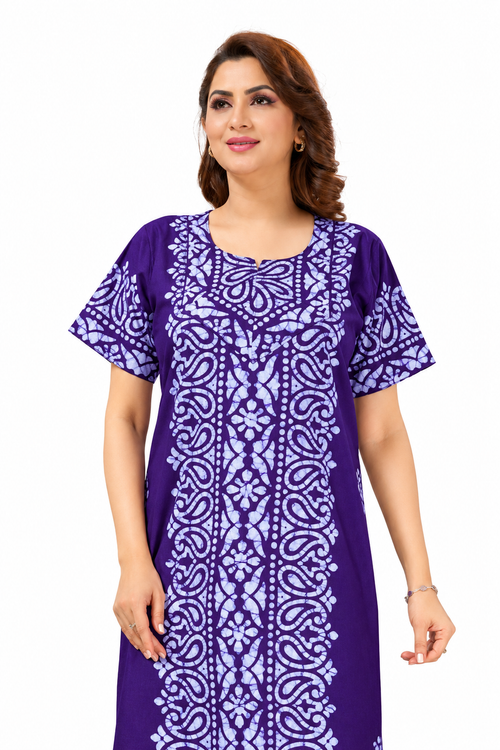 Purple Paisley Design Batik, Hand Dyed Batik, 100% Cotton Night Gown - NG216