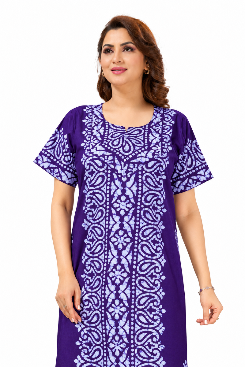 Purple Paisley Design Batik, Hand Dyed Batik, 100% Cotton Night Gown - NG216