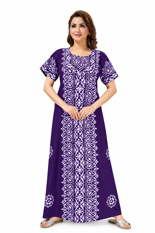 Purple Paisley Design Batik, Hand Dyed Batik, 100% Cotton Night Gown - NG216