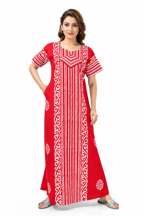 Red Lines Design Batik, Hand Dyed Batik, 100% Cotton Night Gown - NG220
