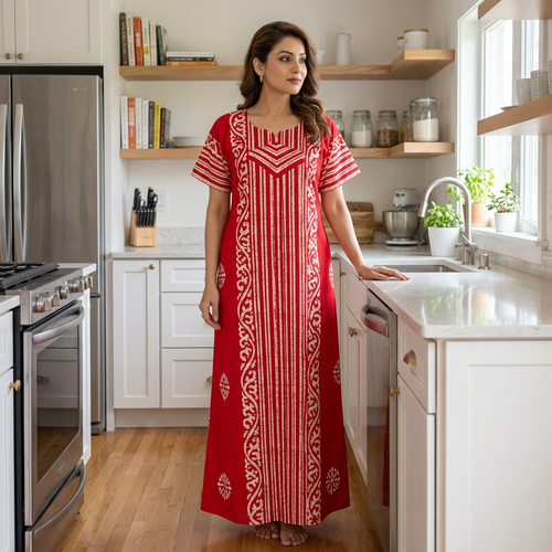 Red Lines Design Batik, Hand Dyed Batik, 100% Cotton Night Gown - NG220