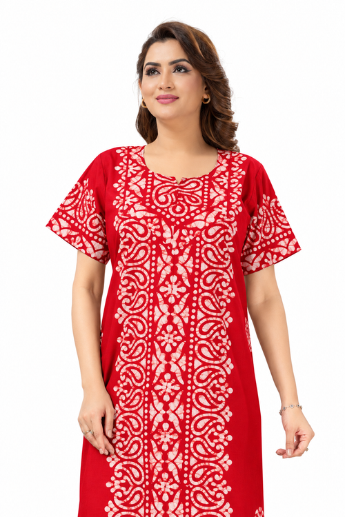 Red Paisley Design Batik, Hand Dyed Batik, 100% Cotton Night Gown - NG210