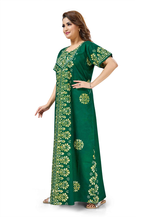 Green Motif Design Batik, Hand Dyed Batik, 100% Cotton Night Gown - NG237