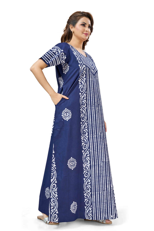 Navy Blue Lines Design Batik, Hand Dyed Batik, 100% Cotton Night Gown - NG221