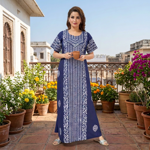 Navy Blue Lines Design Batik, Hand Dyed Batik, 100% Cotton Night Gown - NG221