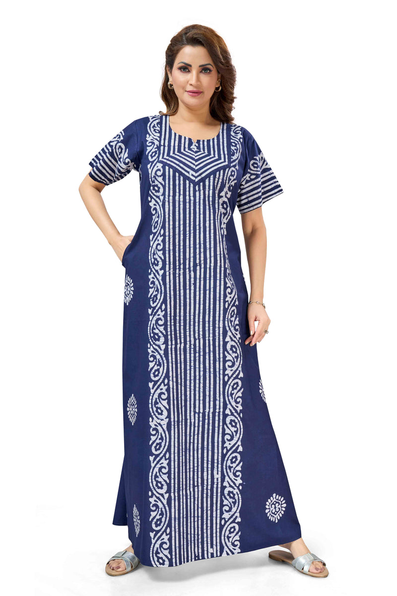 Navy Blue Lines Design Batik, Hand Dyed Batik, 100% Cotton Night Gown - NG221