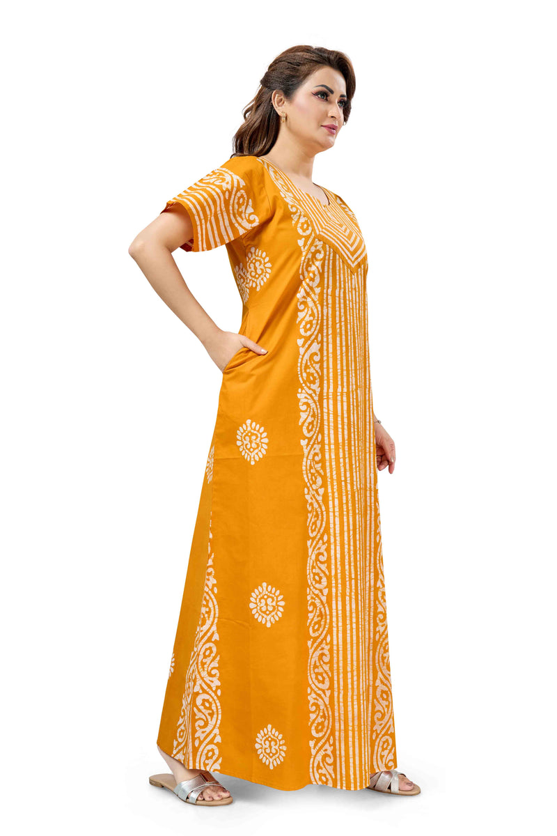 Yellow Lines Design Batik, Hand Dyed Batik, 100% Cotton Night Gown - NG225