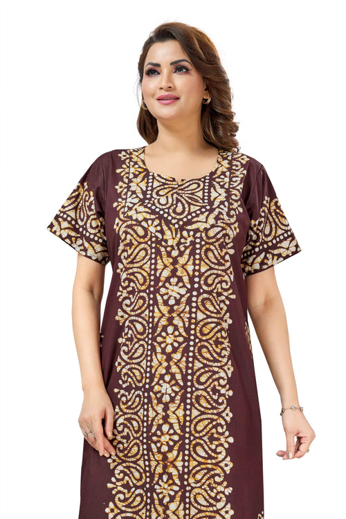 Brown Paisley Design Batik, Hand Dyed Batik, 100% Cotton Night Gown - NG213