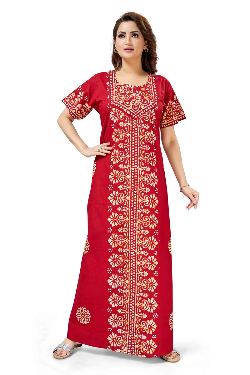 Red Motif Design Batik, Hand Dyed Batik, 100% Cotton Night Gown - NG230