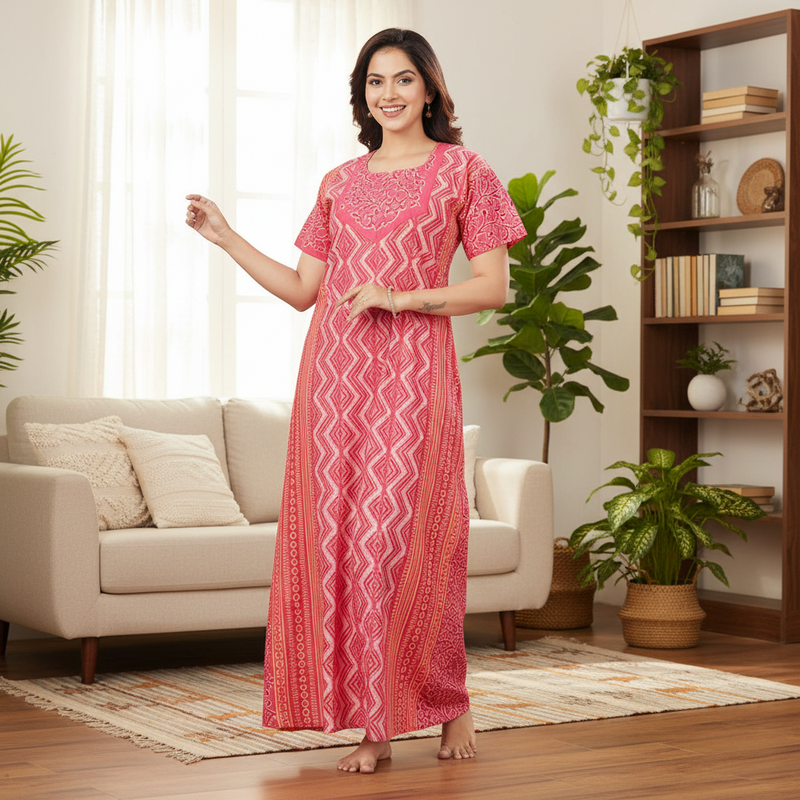 Pink Zig Zag Batik, Hand Dyed Batik, 100% Cotton Night Gown - NG160 image 2