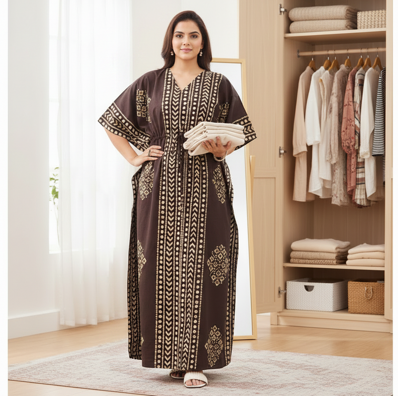 Brown Diamond Arrow Batik, Hand Dyed Batik, 100% Cotton Kaftan - K203
