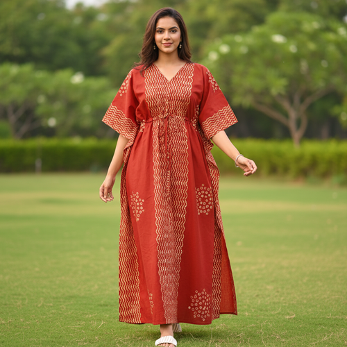 Red Waves Design Batik, Hand Dyed Batik, 100% Cotton Kaftan - K190