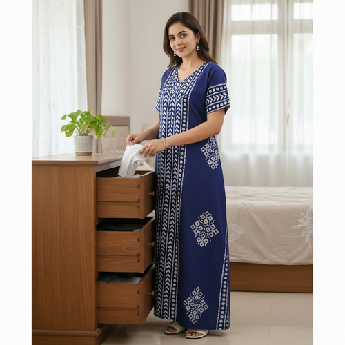 Navy Blue Diamond Arrow Batik, Hand Dyed Batik, 100% Cotton Night Gown - NG201