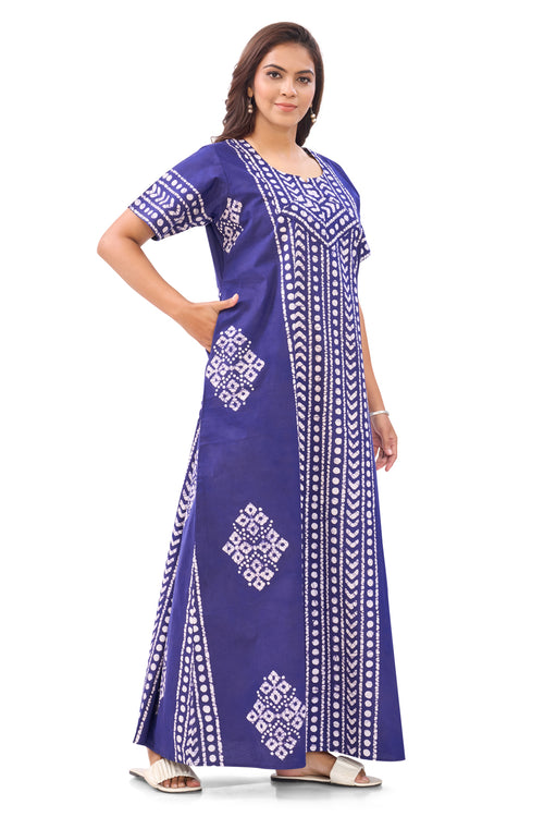 Navy Blue Diamond Arrow Batik, Hand Dyed Batik, 100% Cotton Night Gown - NG201