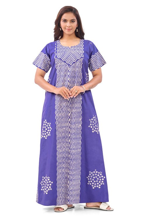 Blue Waves Design Batik, Hand Dyed Batik, 100% Cotton Night Gown - NG192